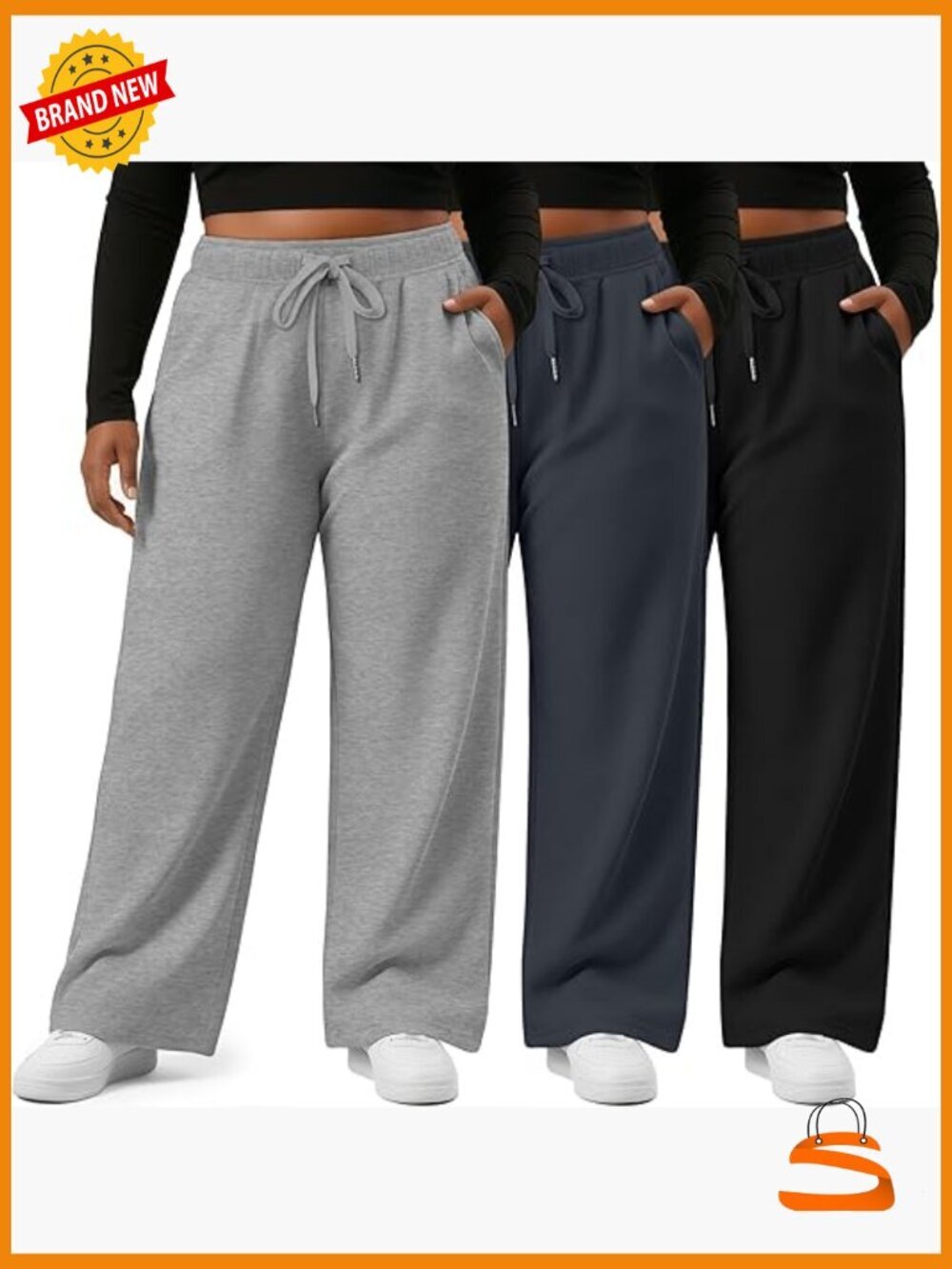 Plus Size Wide Leg Sweatpants 3 Pack Drawstring Elastic Waist Pockets